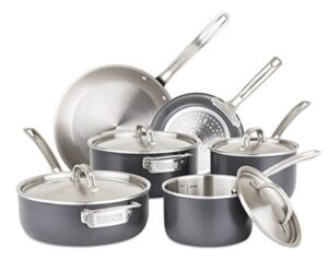 viking culinary 5-ply hard stainless cookware set, 10 piece, hard anodized exterior, dishwasher, oven safe, works on all cooktops including induction