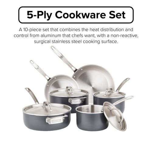 Viking Culinary 5-Ply Hard Stainless Cookware Set, 10 Piece, Hard Anodized Exterior, Dishwasher, Oven Safe, Works on All Cooktops including Induction
