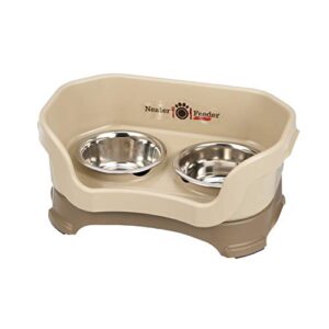 neater feeder deluxe small dog (cappuccino) - the mess proof elevated bowls no slip non tip double diner stainless steel food dish with stand