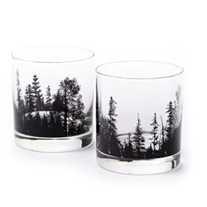 black lantern whiskey glasses – cocktail glasses and glassware sets, old fashioned rocks glass for bourbon, scotch, whiskey, forest landscape design, set of 2 glasses