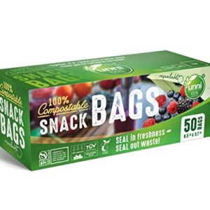 UNNI 100% Compostable Snack Bags, Resealable Compostable Food Storage Bags, 50 Count, 6.5 x 3.7 inches, Earth Friendly Highest ASTM D6400, US BPI and Europe OK Compost Certified, San Francisco