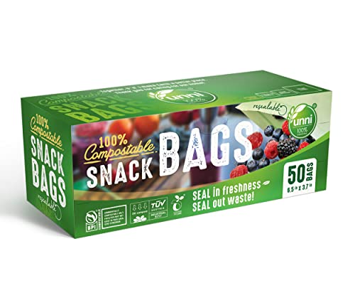 UNNI 100% Compostable Snack Bags, Resealable Compostable Food Storage Bags, 50 Count, 6.5 x 3.7 inches, Earth Friendly Highest ASTM D6400, US BPI and Europe OK Compost Certified, San Francisco