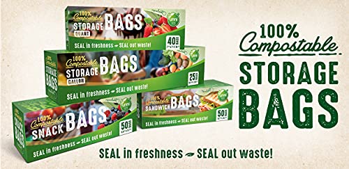 UNNI 100% Compostable Snack Bags, Resealable Compostable Food Storage Bags, 50 Count, 6.5 x 3.7 inches, Earth Friendly Highest ASTM D6400, US BPI and Europe OK Compost Certified, San Francisco