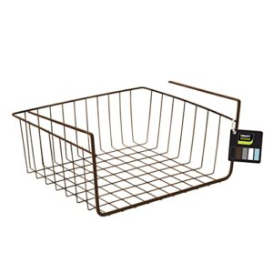 smart design undershelf storage basket - small - snug fit arms - steel metal wire - rust resistant - under shelves, cabinet, pantry, and shelf organization - 12 x 5.5 inch - bronze