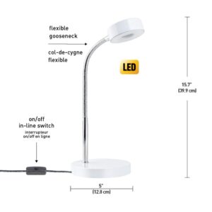 Globe Electric Energy Star Integrated LED Desk Lamp, Matte White, Chrome Gooseneck, 5 Watts, 250 Lumens 12646