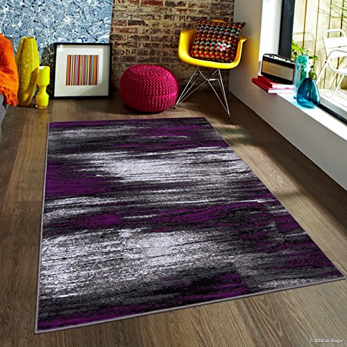 Allstar 8x10 Grey and Gainsboro Grey Modern and Contemporary Rectangular Accent Rug with Purple Abstract Brush Stroke Design (7' 9" X 9' 8")