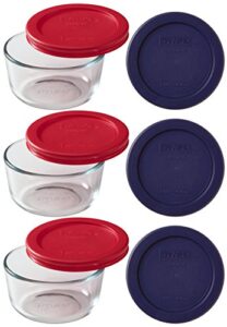 pyrex (3) 7202 1 cup clear glass storage bowls with 7202-pc (3) red & (3) blue plastic lids, made in usa