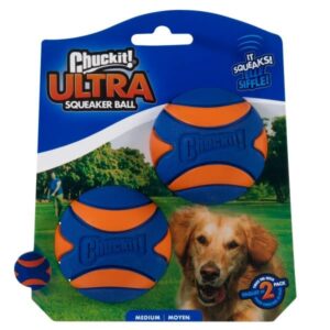 chuckit! ultra squeaker ball dog toy, medium (2.5 inch) 2 pack, for large breeds, blue, orange
