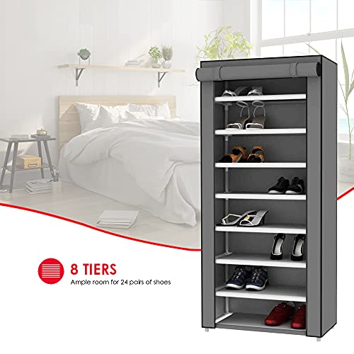 Sunbeam Multipurpose Portable Wardrobe Storage Closet Rack For Shoes and Clothing 7 Tier/Fits 24 Pairs of Shoes Heavy Duty Non Woven Material With Roll Down Cover (Grey)