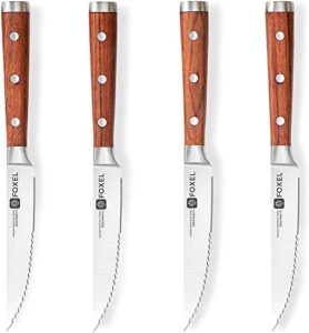 foxel best serrated steak knives knife set of 4, 8, or 12 piece w/covers - heavy duty restaurant quality - german stainless steel 1.4116 blade - natural sandal wood full tang handle - hand wash only