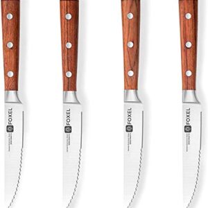 FOXEL Best Serrated Steak Knives Knife Set of 4, 8, or 12 Piece w/Covers - Heavy Duty Restaurant Quality - German Stainless Steel 1.4116 Blade - Natural Sandal Wood Full Tang Handle - Hand Wash Only