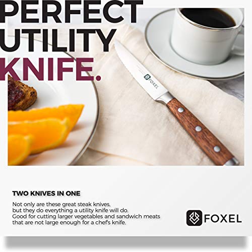 FOXEL Best Serrated Steak Knives Knife Set of 4, 8, or 12 Piece w/Covers - Heavy Duty Restaurant Quality - German Stainless Steel 1.4116 Blade - Natural Sandal Wood Full Tang Handle - Hand Wash Only