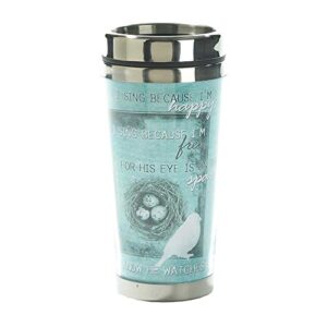 teal his eye is on the sparrow 16 oz. stainless steel insulated travel mug with lid
