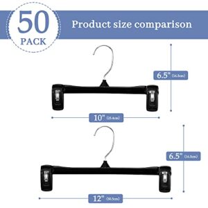 HOUSE DAY Black Pants Hangers 50 Pack, 12 Inch Skirt Hangers with Non-Slip Big Clips and 360° Swivel Hook, Heavy Duty Slim Plastic Pants Hangers, Space Saving Clip Hangers for Pants, Skirts, Shorts