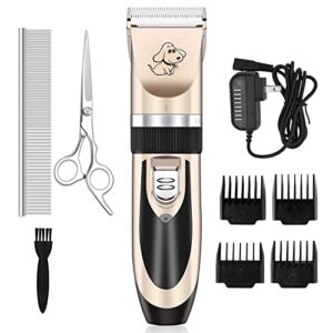 maxshop dog grooming kit, low noise rechargeable dogs shaver clippers electric quiet dog hair trimmer for dogs and cats with comb guides scissors nail kits (gold-1)