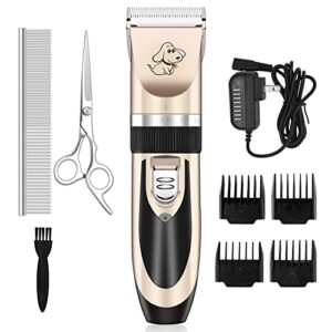 Maxshop Dog Grooming Kit, Low Noise Rechargeable Dogs Shaver Clippers Electric Quiet Dog Hair Trimmer for Dogs and Cats with Comb Guides Scissors Nail Kits (Gold-1)