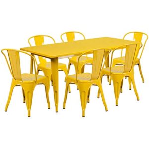 flash furniture commercial grade 31.5" x 63" rectangular yellow metal indoor-outdoor table set with 6 stack chairs