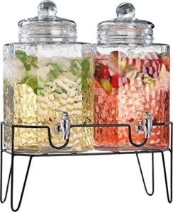 homephile double ice cold clear glass hammered beverage drink dispensers on metal stand 1.5 gallon each mason jug for outdoor, parties & daily use