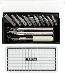 arteza hobby knife kit, set of 17 pieces including 13 steel blades, precision knives with precision, trimming, and cutting handles, and cutting mat, craft supplies for stenciling, sewing, and baking