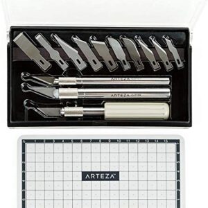 Arteza Hobby Knife Kit, Set of 17 Pieces Including 13 Steel Blades, Precision Knives with Precision, Trimming, and Cutting Handles, and Cutting Mat, Craft Supplies for Stenciling, Sewing, and Baking