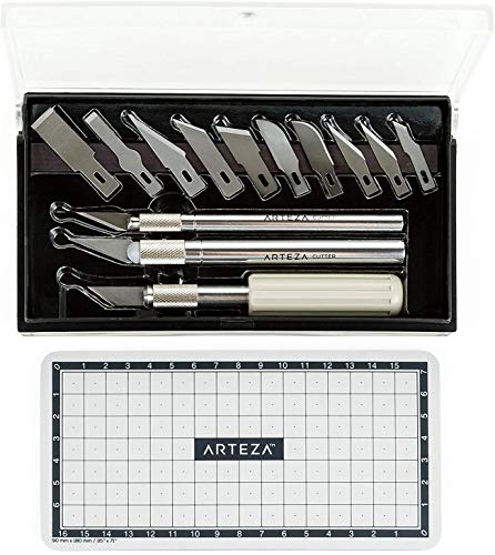 Arteza Hobby Knife Kit, Set of 17 Pieces Including 13 Steel Blades, Precision Knives with Precision, Trimming, and Cutting Handles, and Cutting Mat, Craft Supplies for Stenciling, Sewing, and Baking