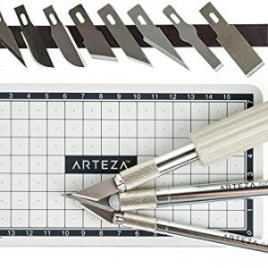 Arteza Hobby Knife Kit, Set of 17 Pieces Including 13 Steel Blades, Precision Knives with Precision, Trimming, and Cutting Handles, and Cutting Mat, Craft Supplies for Stenciling, Sewing, and Baking