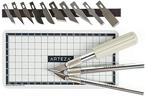 Arteza Hobby Knife Kit, Set of 17 Pieces Including 13 Steel Blades, Precision Knives with Precision, Trimming, and Cutting Handles, and Cutting Mat, Craft Supplies for Stenciling, Sewing, and Baking