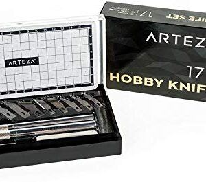 Arteza Hobby Knife Kit, Set of 17 Pieces Including 13 Steel Blades, Precision Knives with Precision, Trimming, and Cutting Handles, and Cutting Mat, Craft Supplies for Stenciling, Sewing, and Baking