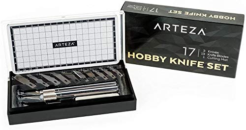 Arteza Hobby Knife Kit, Set of 17 Pieces Including 13 Steel Blades, Precision Knives with Precision, Trimming, and Cutting Handles, and Cutting Mat, Craft Supplies for Stenciling, Sewing, and Baking