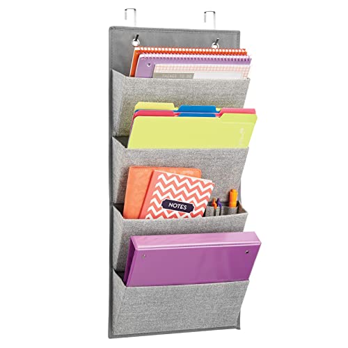 mDesign Soft Fabric Wall Mount/Over Door Hanging Storage Organizer - 4 Large Cascading Pockets - Holds Office Supplies, Planners, File Folders, Notebooks - Textured Print - Gray