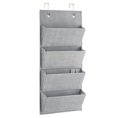 mDesign Soft Fabric Wall Mount/Over Door Hanging Storage Organizer - 4 Large Cascading Pockets - Holds Office Supplies, Planners, File Folders, Notebooks - Textured Print - Gray