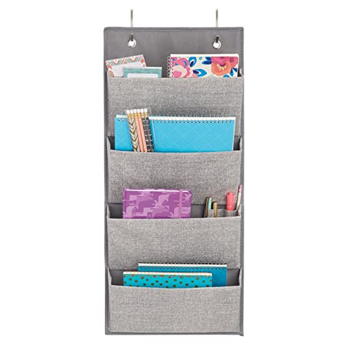 mDesign Soft Fabric Wall Mount/Over Door Hanging Storage Organizer - 4 Large Cascading Pockets - Holds Office Supplies, Planners, File Folders, Notebooks - Textured Print - Gray