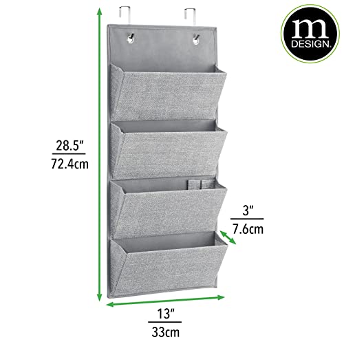 mDesign Soft Fabric Wall Mount/Over Door Hanging Storage Organizer - 4 Large Cascading Pockets - Holds Office Supplies, Planners, File Folders, Notebooks - Textured Print - Gray