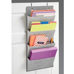 mDesign Soft Fabric Wall Mount/Over Door Hanging Storage Organizer - 4 Large Cascading Pockets - Holds Office Supplies, Planners, File Folders, Notebooks - Textured Print - Gray