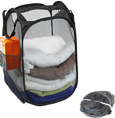 2 Pack - SimpleHouseware Mesh Pop-Up Laundry Hamper Basket with Side Pocket, Black