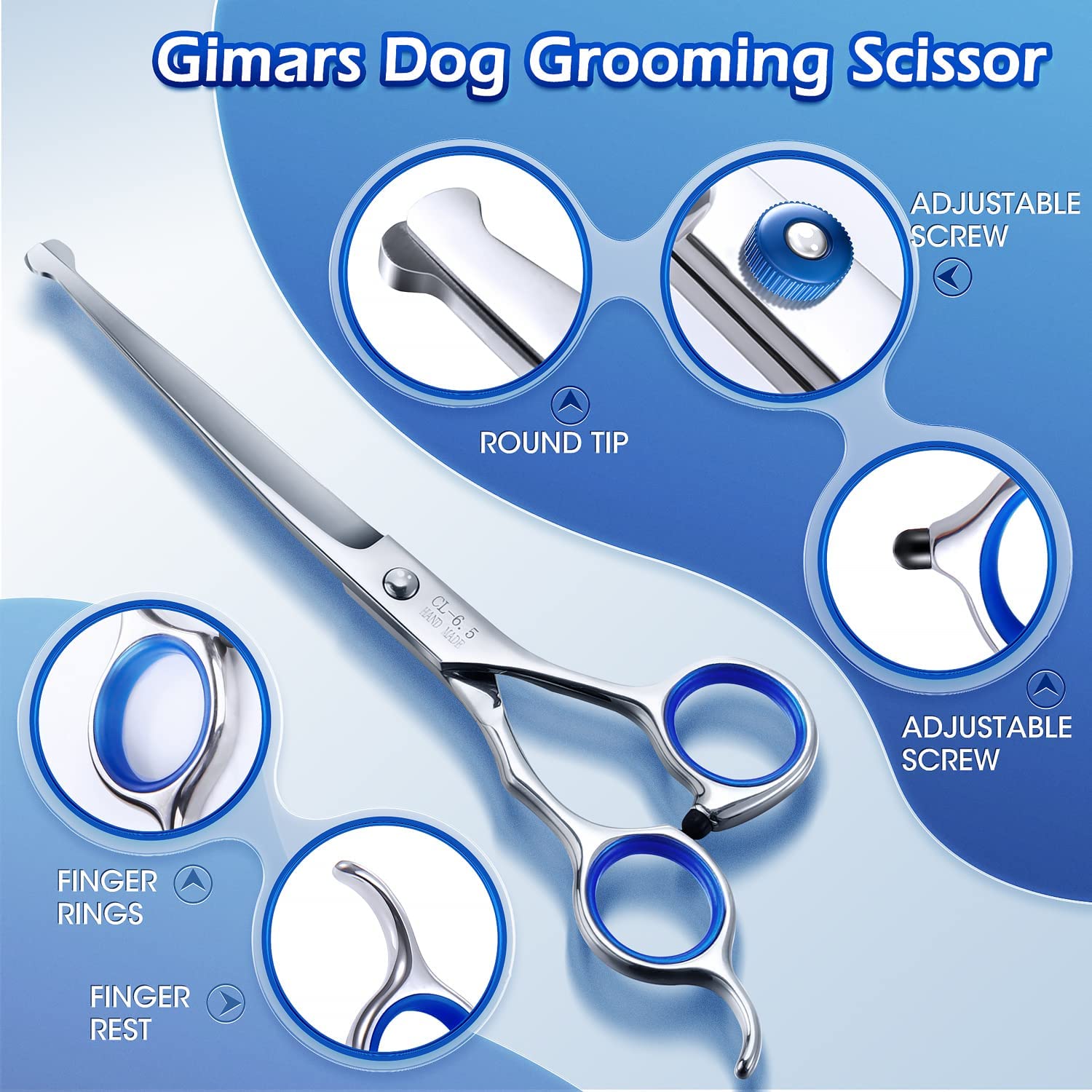 Gimars Professional Grooming Scissors for Dogs 4CR with Safety Round Tip, 5 in 1 Heavy Duty Titanium Coated Straight & Thinning & Curved Shears