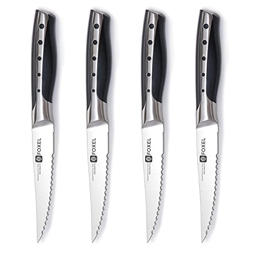 FOXEL Dishwasher Safe Steak Knives Knife Set of 4, 8, or 12 - Serrated Steak Knife Set w/Japanese Stainless Steel, Full Tang Handle, and Rust Resistant Blade - Steak Knifes Gift Box Set