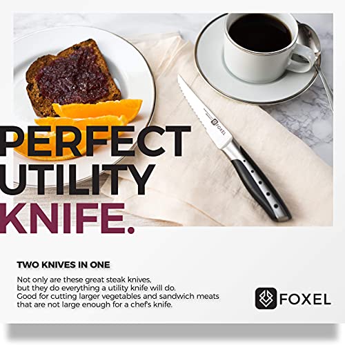 FOXEL Dishwasher Safe Steak Knives Knife Set of 4, 8, or 12 - Serrated Steak Knife Set w/Japanese Stainless Steel, Full Tang Handle, and Rust Resistant Blade - Steak Knifes Gift Box Set