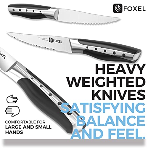 FOXEL Dishwasher Safe Steak Knives Knife Set of 4, 8, or 12 - Serrated Steak Knife Set w/Japanese Stainless Steel, Full Tang Handle, and Rust Resistant Blade - Steak Knifes Gift Box Set