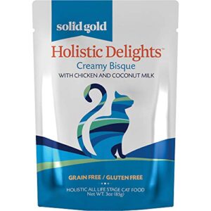solid gold wet cat food pouches - holistic delights creamy bisque lickable cat treats - grain free with real chicken in coconut puree for your kitten, adult or senior cat - 24ct/3oz pouch