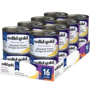 solid gold wet cat food shreds in gravy - canned cat food made w/real tuna for cats of all ages - five oceans grain free cat wet food for sensitive stomach & overall wellness - 16ct/6oz can