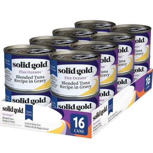 Solid Gold Wet Cat Food Shreds in Gravy - Canned Cat Food Made w/Real Tuna for Cats of All Ages - Five Oceans Grain Free Cat Wet Food for Sensitive Stomach & Overall Wellness - 16ct/6oz Can