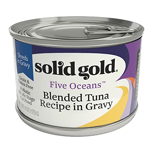 Solid Gold Wet Cat Food Shreds in Gravy - Canned Cat Food Made w/Real Tuna for Cats of All Ages - Five Oceans Grain Free Cat Wet Food for Sensitive Stomach & Overall Wellness - 16ct/6oz Can