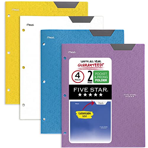 Five Star 2-Pocket Folder, Plastic Folders with Stay-Put Tabs, Fits 3-Ring Binder, Holds 8-1/2” x 11" Paper, Writable Label, Assorted Colors (38065), 4 Count (Pack of 1)