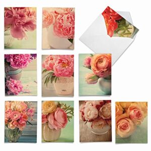 the best card company - 10 blank note cards with flowers (4 x 5.12 inch) - floral notecards, all occasion boxed assortment - full blooms m6553ocb