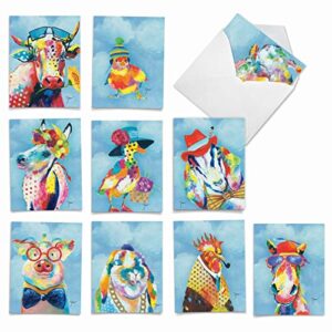 the best card company - 10 adorable note cards blank (4 x 5.12 inch) - wildlife and animal cards, assorted boxed kids set - funny farm m6563ocb