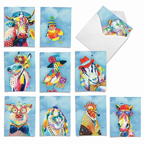 The Best Card Company - 10 Adorable Note Cards Blank (4 x 5.12 Inch) - Wildlife and Animal Cards, Assorted Boxed Kids Set - Funny Farm M6563OCB