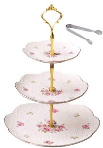 jusalpha® elegant embossed 3-tier ceramic cake stand- cupcake stand- tea party pastry serving platter in gift box and a free sugar tong (fl-stand 03)