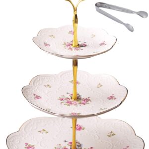 Jusalpha® Elegant Embossed 3-tier Ceramic Cake Stand- Cupcake Stand- Tea Party Pastry Serving Platter in Gift Box and a Free Sugar Tong (FL-Stand 03)