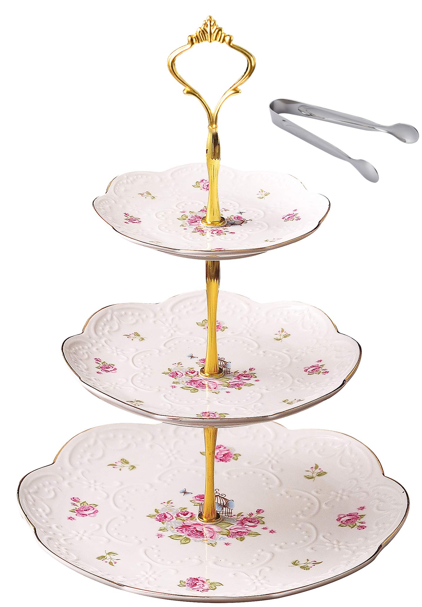 Jusalpha® Elegant Embossed 3-tier Ceramic Cake Stand- Cupcake Stand- Tea Party Pastry Serving Platter in Gift Box and a Free Sugar Tong (FL-Stand 03)